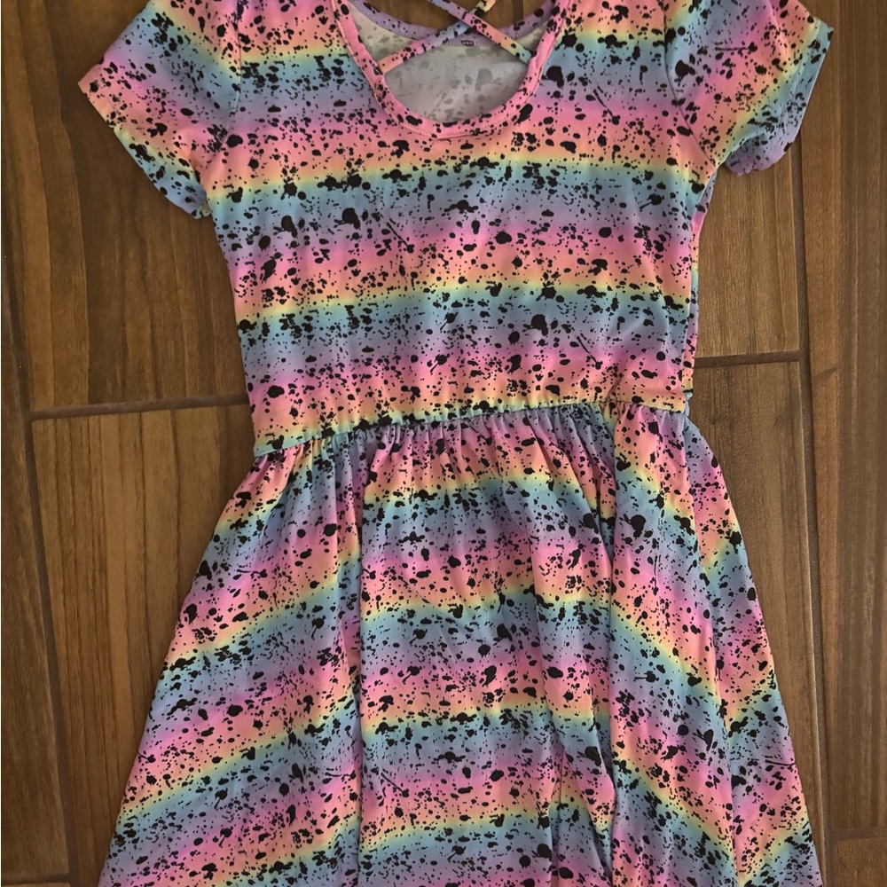 Girls Rainbow Stripe Short Sleeve Dress with Black Splatter - Multicolor - Picture 3 of 3